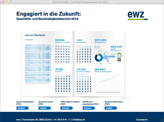 Atelier Leuthold Grafikdesign: Portfolio - Corporate publishing - Geschäfts- und Nachhaltigkeitsbericht ewz 2015