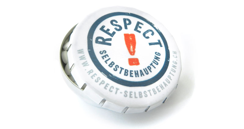 Atelier Leuthold Grafikdesign: Portfolio - Objektdesign - Verpackung Blechdose Respect Selbstbehauptung