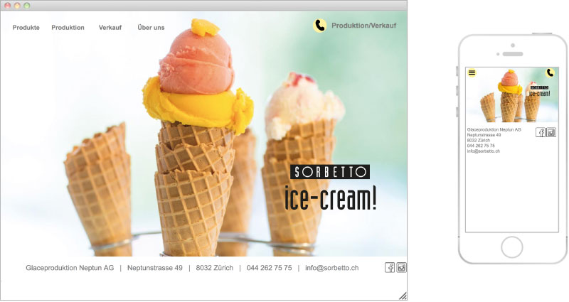 Atelier Leuthold Grafikdesign: Kunden - Sorbetto
glaceproduktion 
neptun ag - Webseite Sorbetto