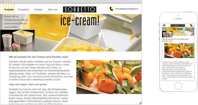 Atelier Leuthold Grafikdesign: Kunden - Sorbetto
glaceproduktion 
neptun ag - Webseite Sorbetto