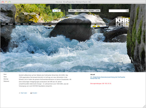 Atelier Leuthold Grafikdesign: Portfolio - Internet - Website Kraftwerke Hinterrhein