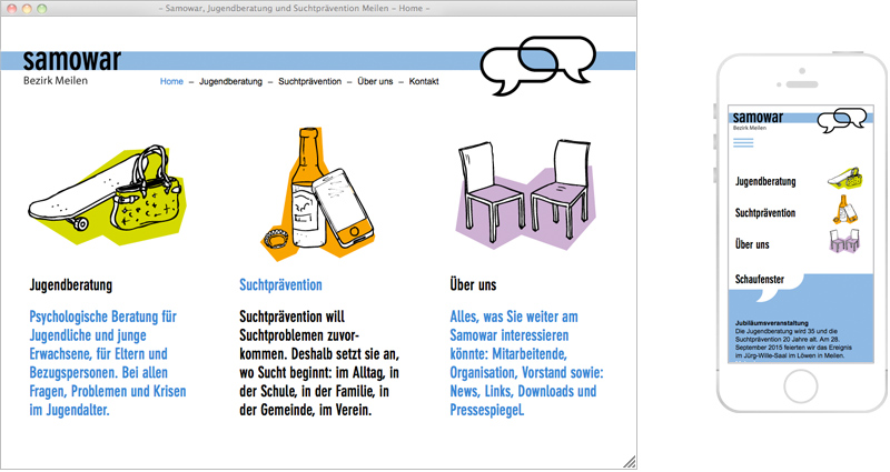 Atelier Leuthold Grafikdesign: Kunden - Samowar, 
jugendberatung 
suchtprävention 
bezirk meilen - Website Samowar Meilen
