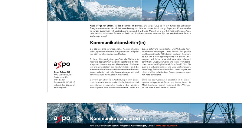 Atelier Leuthold Grafikdesign: Portfolio - Corporate publishing - Stelleninserate Axpo