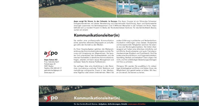 Atelier Leuthold Grafikdesign: Portfolio - Sitemap	 - stelleninserate axpo - Stelleninserate Axpo