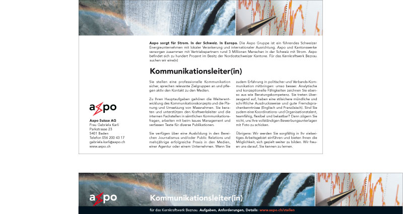 Atelier Leuthold Grafik schön und schnell und gut: CORPORATE PUBLISHING Stelleninserate Axpo Stelleninserate Axpo